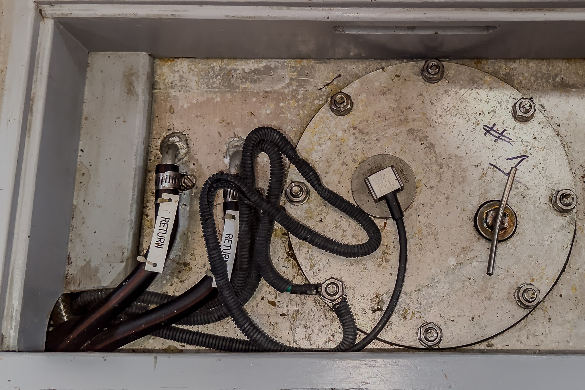 Top view of a stainless steel fuel tank in the bilge of SV Wanderlust